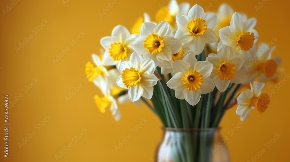 a vase filled with yellow and white daffodils on top of a wooden table next to a yellow wall and a yellow wall behind the vase is a bunch of daffodils of daffodils. a vase filled with yellow and white daffodils on top of a wooden table next to a yellow wall and a yellow wall behind the vase is a bunch of daffodils of daffodils.