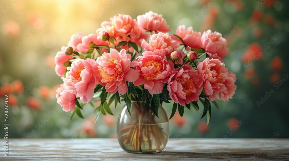  a vase filled with lots of pink flowers on top of a wooden table in front of a blurry background of leaves and flowers in a vase on a table.