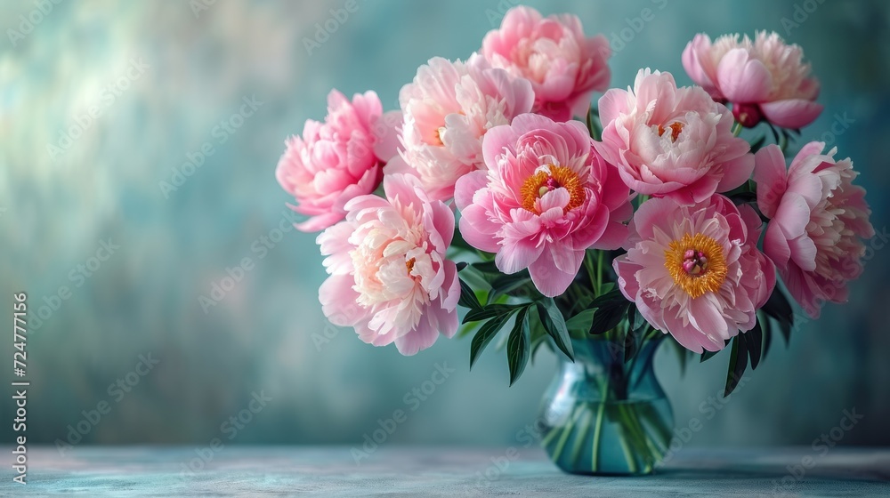  a vase filled with lots of pink flowers on top of a blue tablecloth next to a green vase filled with lots of pink flowers on top of green stems.