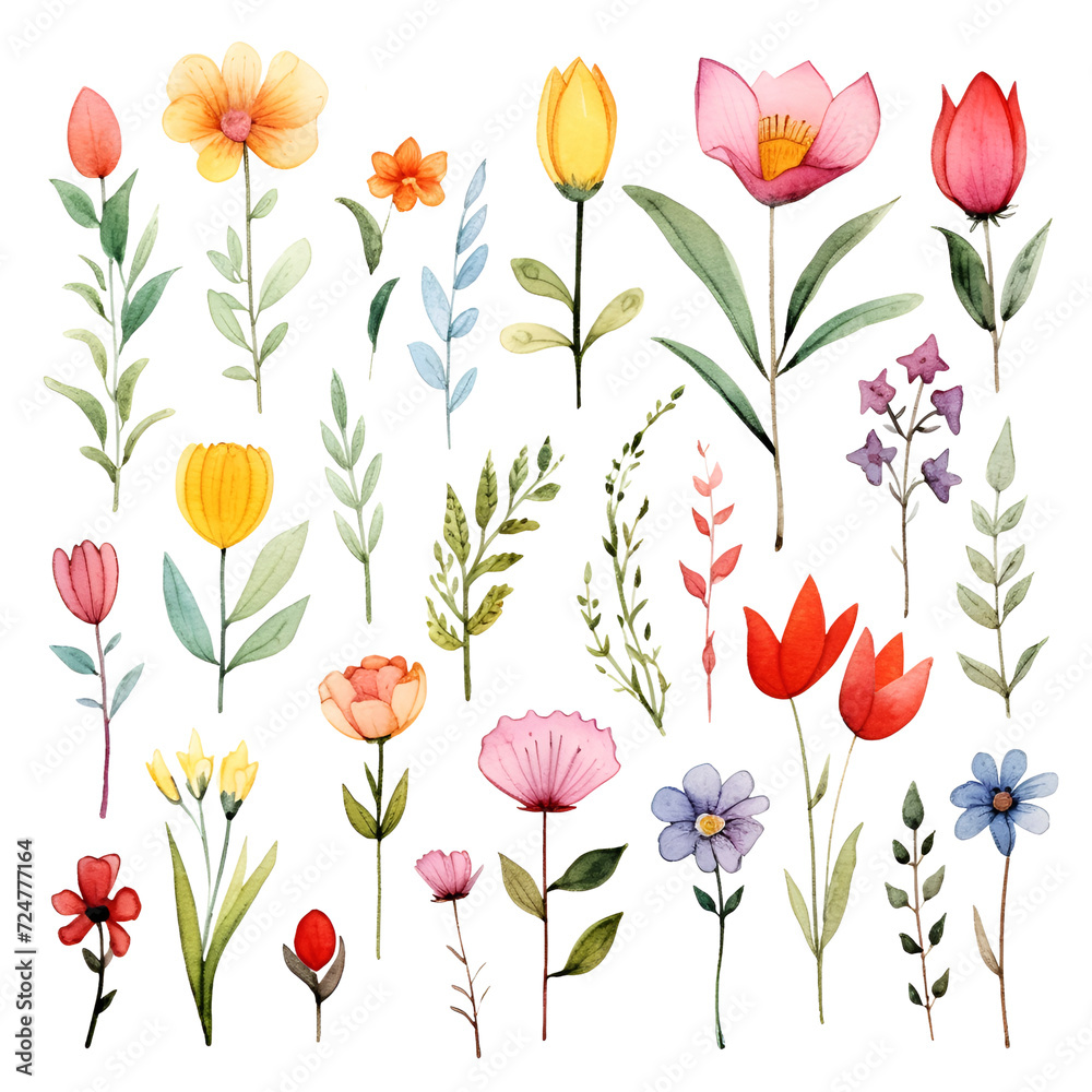 Watercolor illustration set with vintage meadow flowers.
Isolated on transparent background. Perfect for card, postcard, tags, invitation, printing, wrapping.
