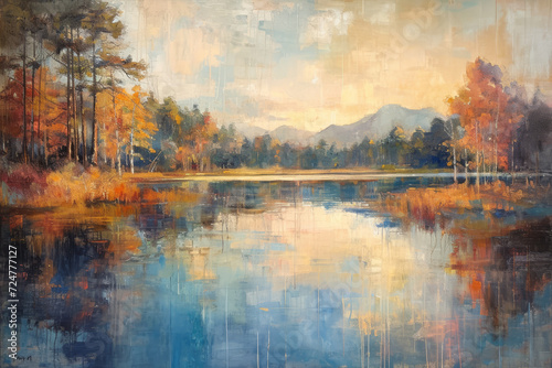Oil painting, landscape with river, lake, trees in the background. Beautiful artistic piece of digital art for wallpaper, art print, background design. photo