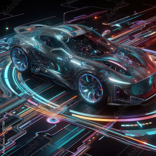 Image generative AI powerful acceleration of futuristic sports supercar on neon night highway track with colourful lights and trails © Sakirul