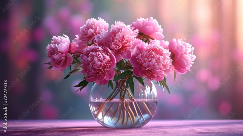 a vase filled with pink peonies on top of a purple table covered with a purple cloth and a purple table cloth behind the vase is filled with pink peonies. a vase filled with pink peonies on top of a purple table covered with a purple cloth and a purple table cloth behind the vase is filled with pink peonies.