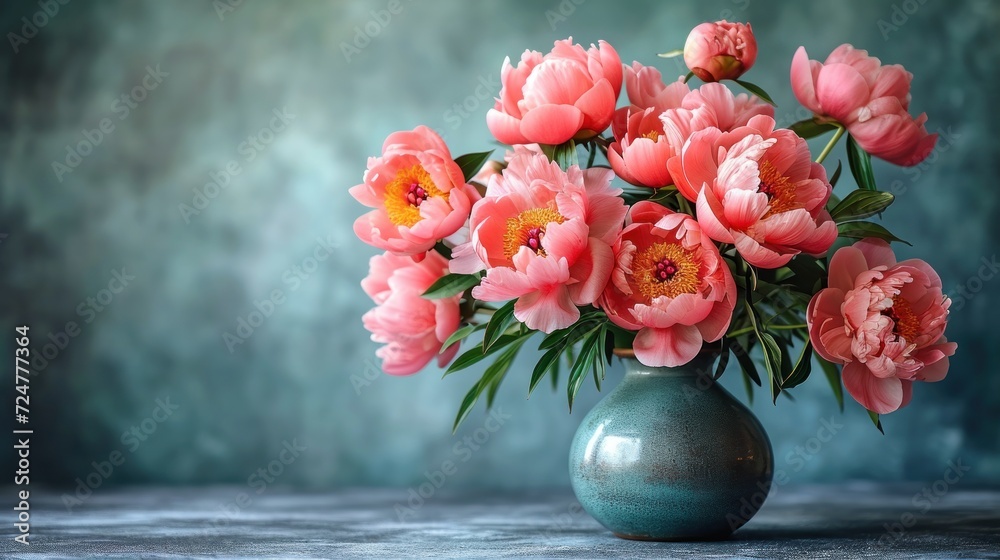  a vase filled with lots of pink flowers on top of a wooden table with a green wall behind it and a blue wall behind the vase with a bunch of pink flowers in it.