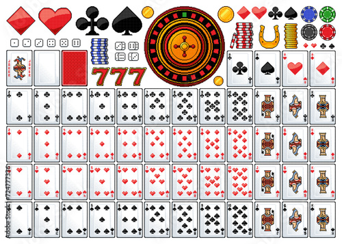8bit retro pixel art casino gambling games. Poker cards, jackpot and roulette, dice and chips, golden coins pixelated vector set. Diamond, hearts, spade and clubs card block, lucky horseshoe and seven