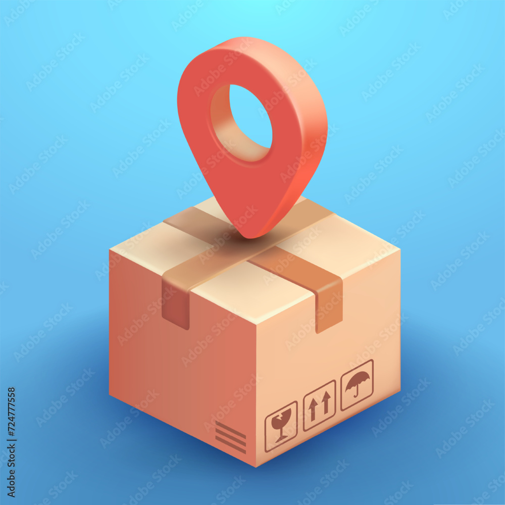 Shipping box with location element, 3d vector. Suitable for business, e-commerce and design elements Shipping box with location element, 3d vector. Suitable for business, e-commerce and design elements
