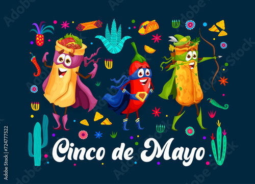 Tex Mex Mexican cuisine superhero characters for Cinco De Mayo holiday banner, cartoon vector. Funny burrito super hero, chili pepper guardian and enchilada archer for Mexico fiesta of Cinco De Mayo