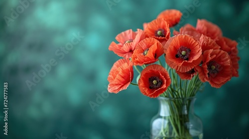  a vase filled with red flowers sitting on top of a table next to a teal green and teal colored wall behind a glass vase filled with red flowers.