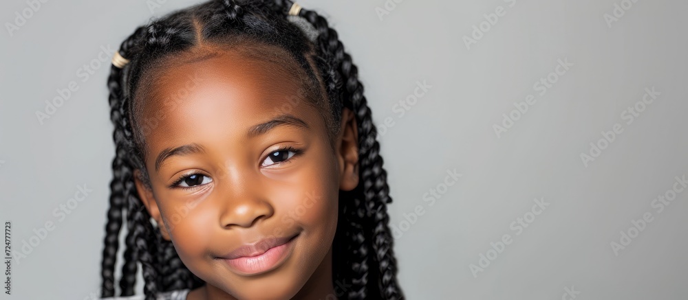 African American girl with braided hair, smiling and showing gratitude, over a plain background. African American girl with braided hair, smiling and showing gratitude, over a plain background.