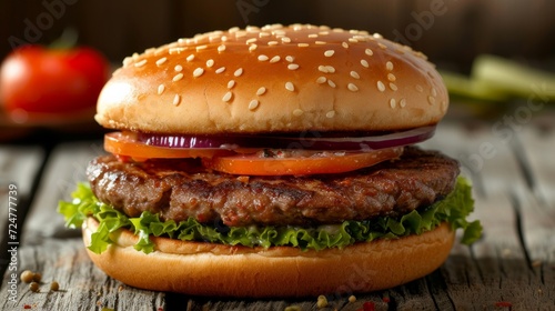 Realistic delicious juicy burger close up
