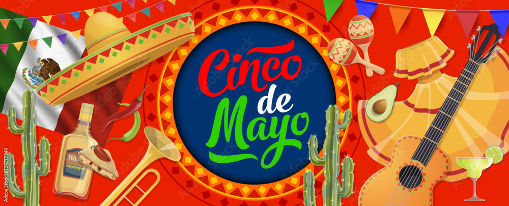 National Mexican Cinco de Mayo holiday paper cut banner with sombrero and tequila, vector background. Cinco de Mayo or 5 May Mexican holiday fiesta celebration with guitar, maracas and Mexico flag