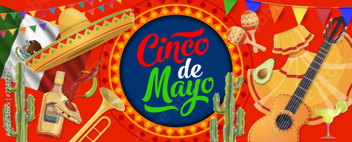 National Mexican Cinco de Mayo holiday paper cut banner with sombrero and tequila, vector background. Cinco de Mayo or 5 May Mexican holiday fiesta celebration with guitar, maracas and Mexico flag