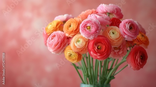  a close up of a vase of flowers with pink and orange flowers in the middle of the vase and a pink wall behind the vase with a pink wall in the background.