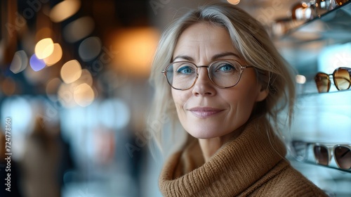 Portrait of middle aged woman buying glasses for better vision in eyeglasses store. Generative AI.