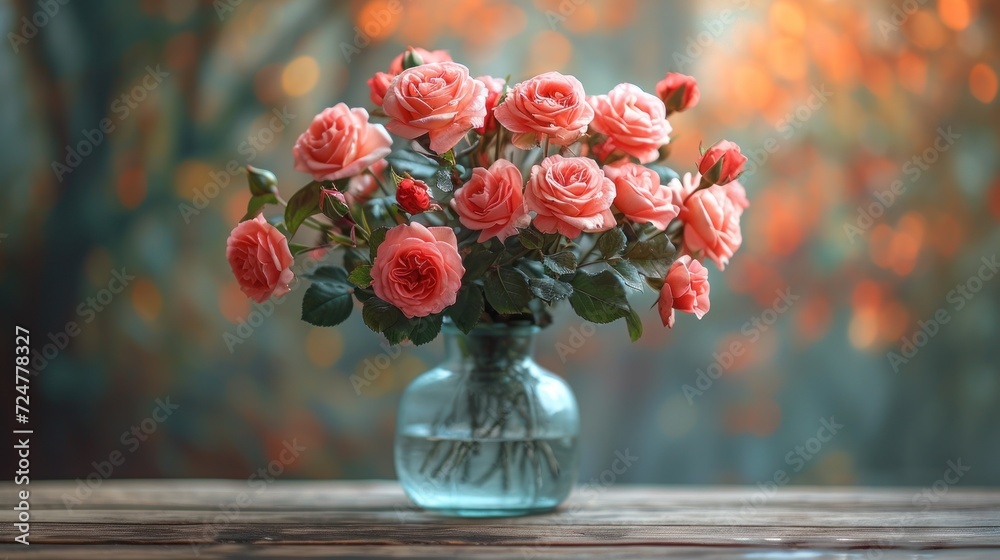 a vase filled with pink roses sitting on top of a wooden table in front of a blurry, boke of leaves and a tree behind it is a blurry background. a vase filled with pink roses sitting on top of a wooden table in front of a blurry, boke of leaves and a tree behind it is a blurry background.