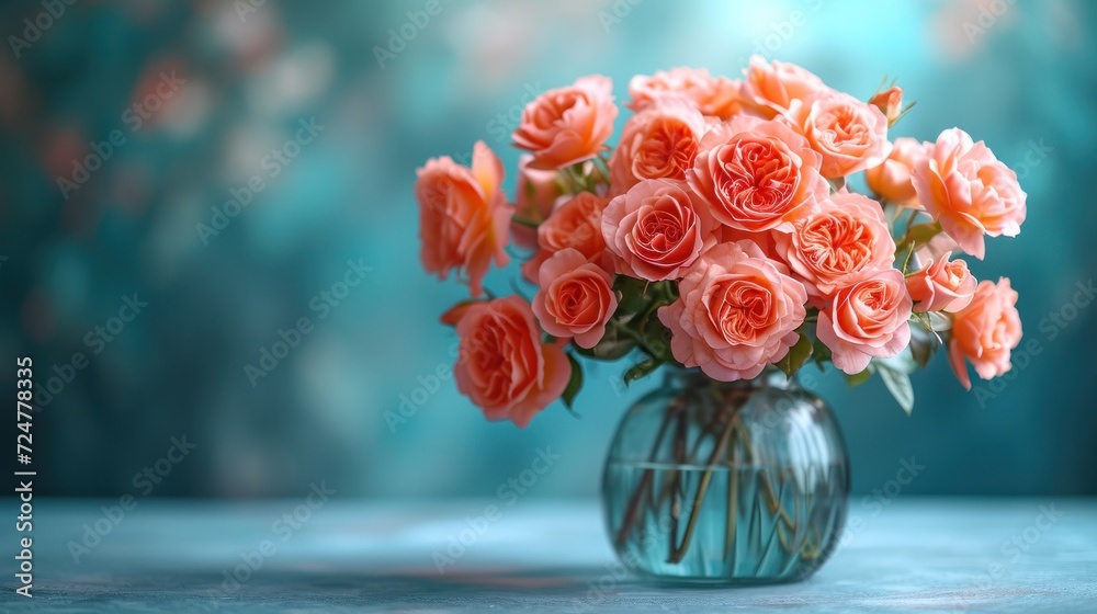 a vase filled with pink roses sitting on top of a blue tablecloth next to a blue and green wall with a blurry background of trees in the background. a vase filled with pink roses sitting on top of a blue tablecloth next to a blue and green wall with a blurry background of trees in the background.