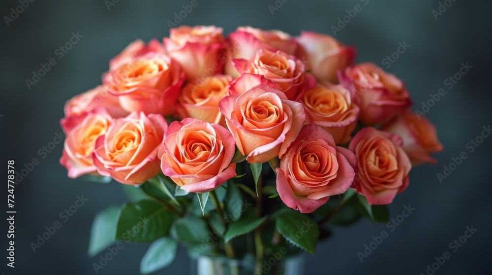 a vase filled with pink and orange roses on top of a blue table cloth with a black background in the center of the picture is a close up photo of a bouquet of roses. a vase filled with pink and orange roses on top of a blue table cloth with a black background in the center of the picture is a close up photo of a bouquet of roses.