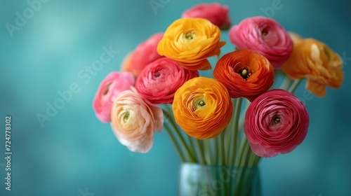  a vase filled with colorful paper flowers on top of a blue table next to a teal wall behind the vase is a vase with pink  yellow  red  orange  red  yellow  and pink  and orange flowers.