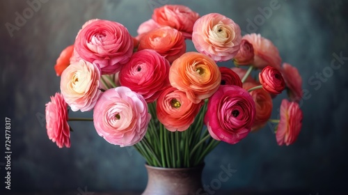  a vase filled with lots of pink and orange flowers on top of a wooden table next to a gray wall and a gray wall behind the vase is filled with pink and orange flowers.
