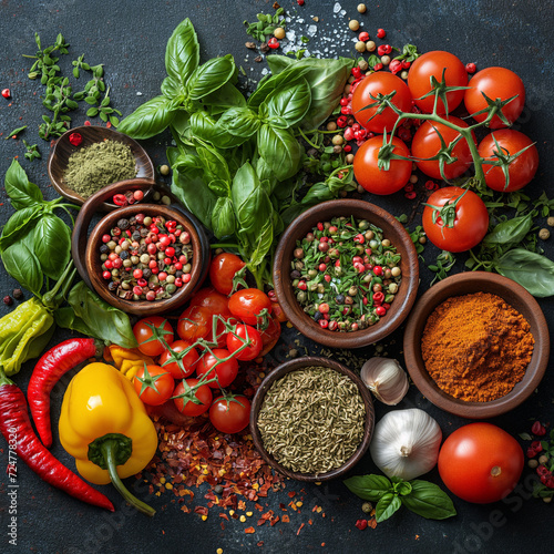 Fresh vegetables and spices for cooking on wooden surface
