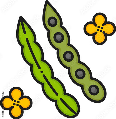 Rapeseed, canola oil icon, isolated linear vector sign, features green, slender, elongated pod with small black seeds inside, used for oil production and culinary purposes. Oilseed crop line symbol