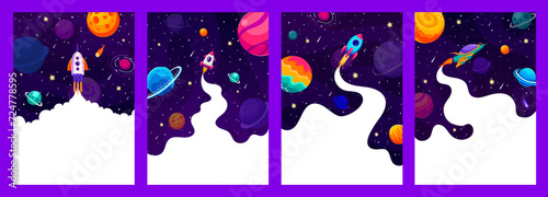Spaceship rocket launch, business fast start up posters for startup project, vector background. Business start up or innovation idea and company strategy launch posters with galaxy planets in space