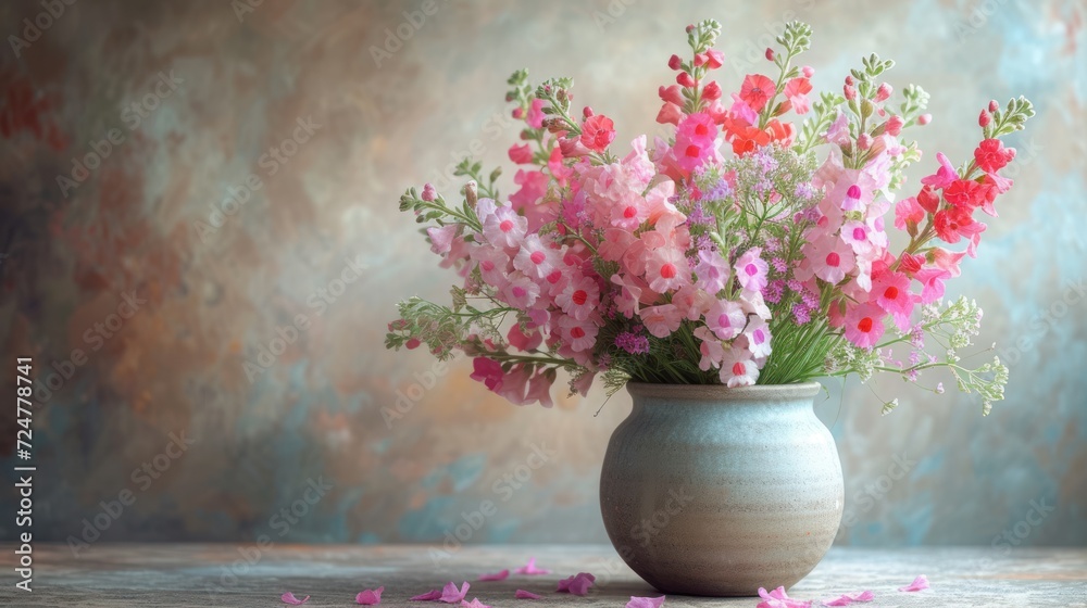 a vase filled with pink and red flowers on top of a wooden table in front of a blue and gray wall with pink petals on the bottom of the vase. a vase filled with pink and red flowers on top of a wooden table in front of a blue and gray wall with pink petals on the bottom of the vase.