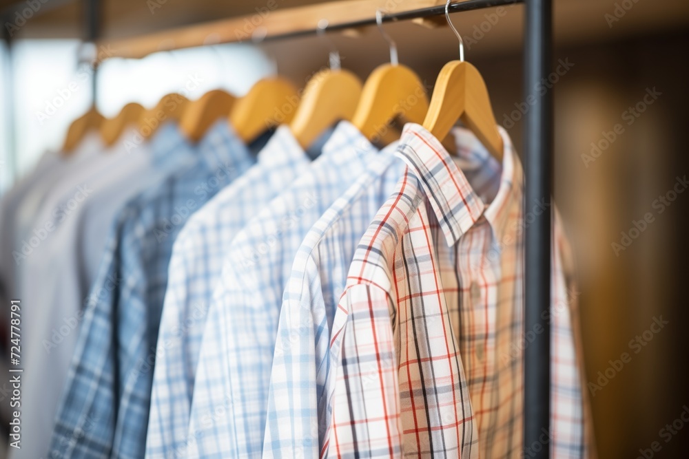 close-up of checked cotton work shirts on hangers