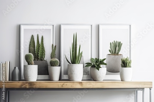 Cactuses in DIY concrete pots with an empty frame in a panoramic perspective against a white wall