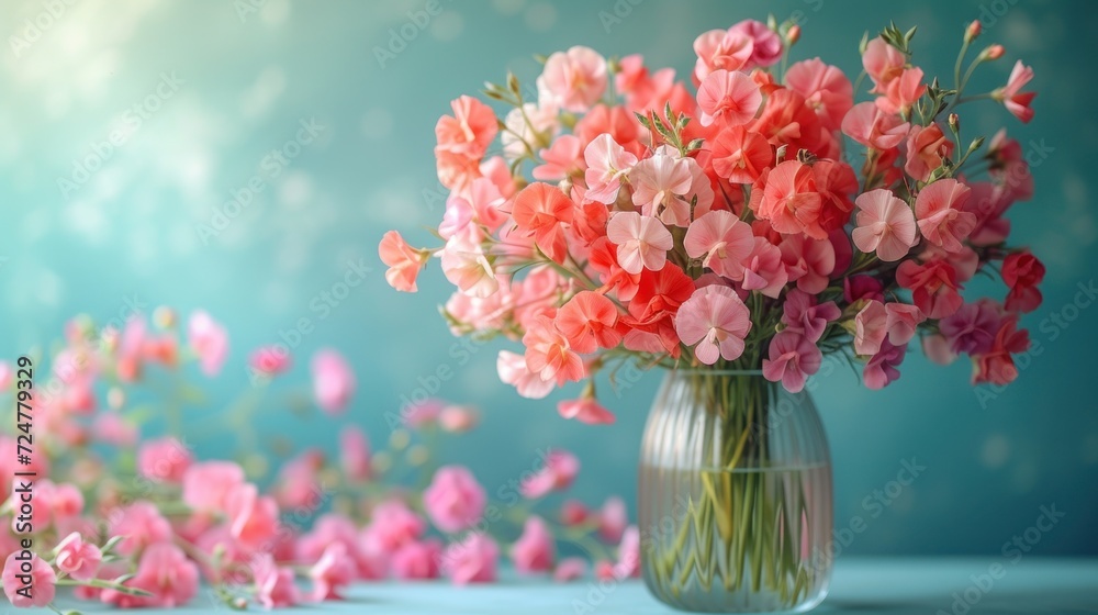 a vase filled with lots of pink flowers on top of a blue table next to pink and white flowers on the side of a blue wall behind a blue wall. a vase filled with lots of pink flowers on top of a blue table next to pink and white flowers on the side of a blue wall behind a blue wall.