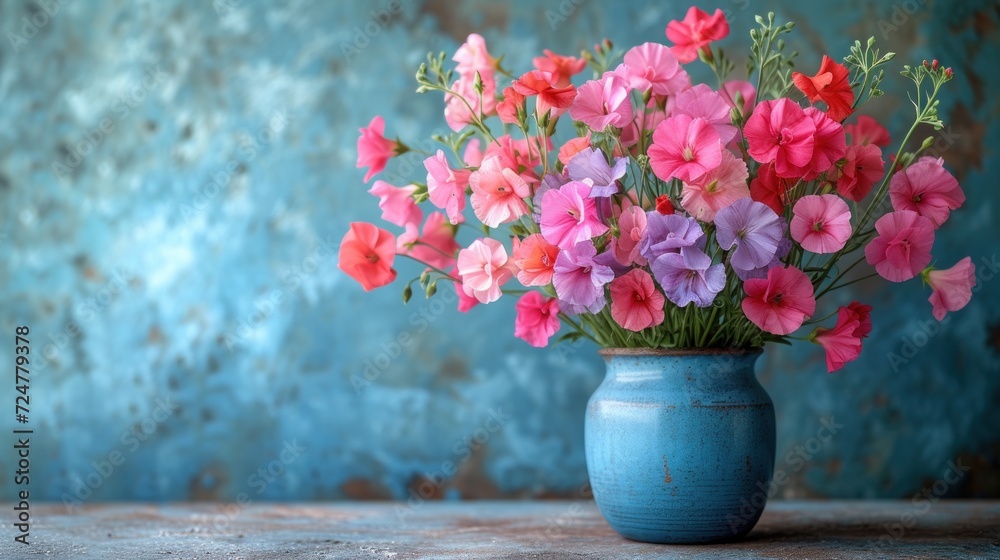 a blue vase filled with lots of pink and purple flowers on top of a wooden table with a blue wall in the back ground and a blue wall in the background. a blue vase filled with lots of pink and purple flowers on top of a wooden table with a blue wall in the back ground and a blue wall in the background.