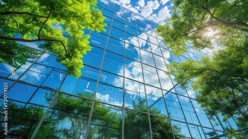 Sustainable architecture in the urban landscape: a glass office building integrated with trees to mitigate carbon dioxide levels.