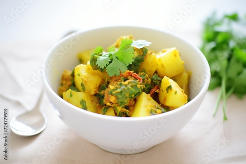 aloo gobhi with turmeric and coriander leaves photo