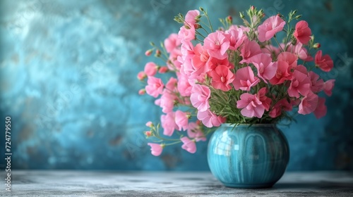  a blue vase filled with pink flowers sitting on top of a table next to a blue wall and a blue wall behind a blue vase with pink flowers in it.