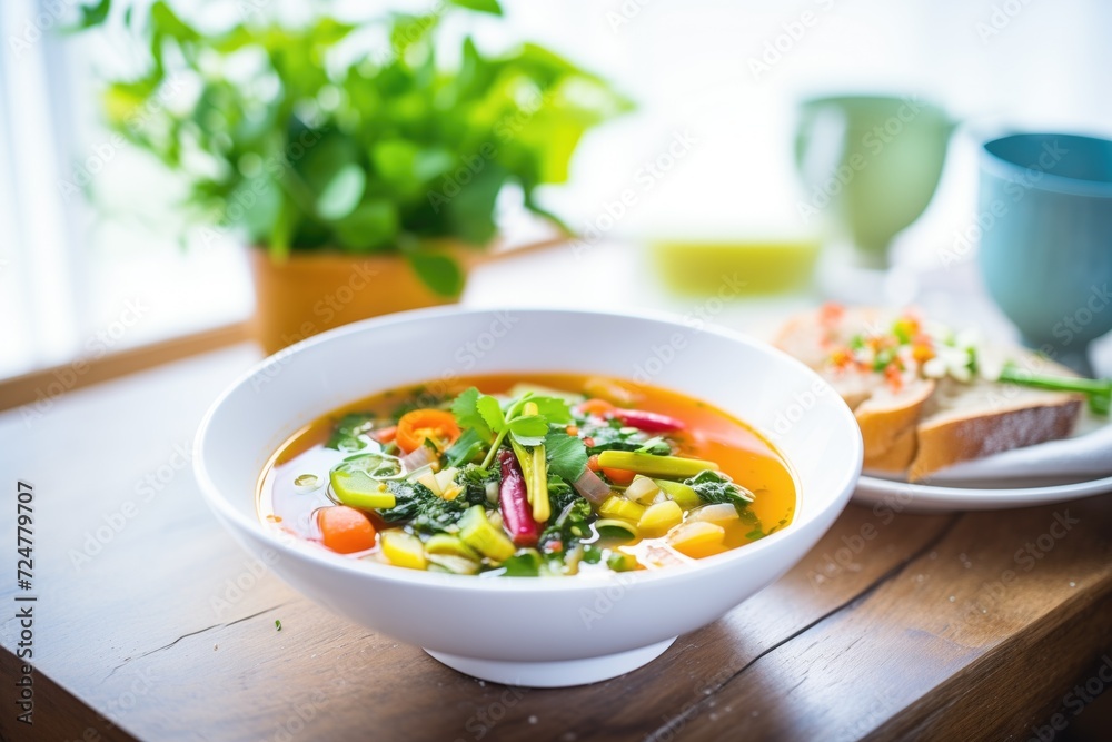 minestrone soup in a bowl with a side of crusty bread minestrone soup in a bowl with a side of crusty bread