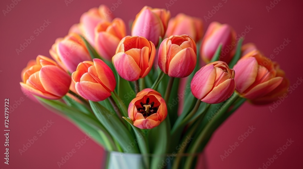a bouquet of pink and orange tulips in a glass vase on a pink background with a pink wall in the backround of the picture and a pink wall in the background. a bouquet of pink and orange tulips in a glass vase on a pink background with a pink wall in the backround of the picture and a pink wall in the background.