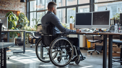 A disabled businessman in a wheelchair is working in the office © standret