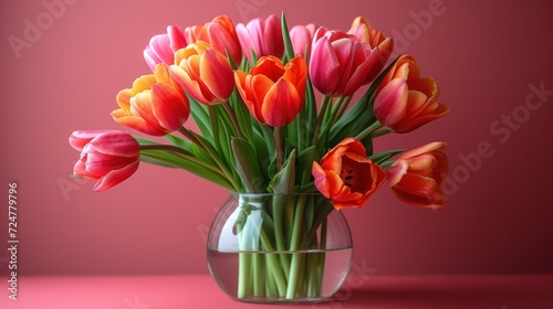 Wallpaper Mural  a vase filled with orange and pink tulips on top of a pink counter top next to a pink wall and a pink wall behind the vase is filled with orange and pink tulips. Torontodigital.ca
