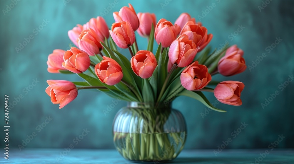 a vase filled with lots of pink tulips on top of a blue and green table next to a teal colored wall with a green wall behind it. a vase filled with lots of pink tulips on top of a blue and green table next to a teal colored wall with a green wall behind it.