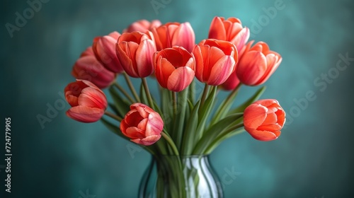  a vase full of red tulips sitting on a table in front of a green wall with a blue backround behind it and a blue back ground.