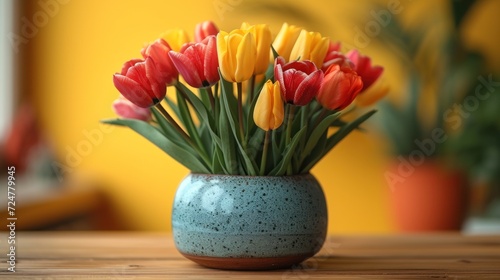  a blue vase filled with yellow and red tulips on top of a wooden table next to a green pot filled with red and yellow and yellow tulips. © Shanti