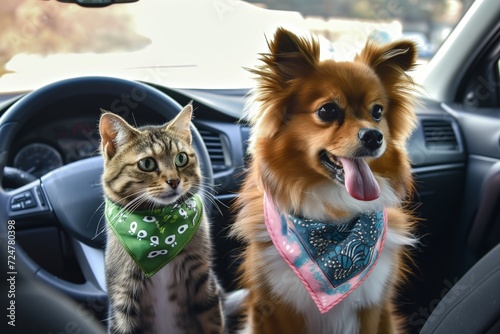 fluffy dog and cat wearing bandanas in car front seat photo