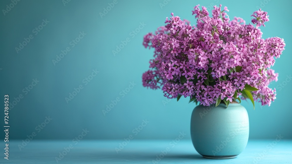 a blue vase filled with purple flowers on top of a blue table next to a blue wall and a blue wall behind the vase is a white vase with purple flowers. a blue vase filled with purple flowers on top of a blue table next to a blue wall and a blue wall behind the vase is a white vase with purple flowers.