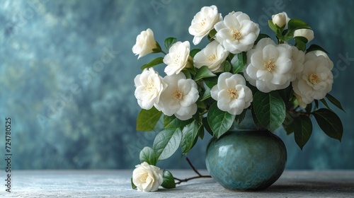  a vase filled with white flowers sitting on top of a wooden table in front of a blue and green wall with a green leafy branch in the center of the vase.