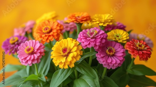  a close up of a bunch of colorful flowers in a vase with green leaves on the side of the vase  on a yellow background with a yellow wall in the foreground.