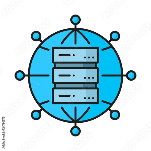 Database server and data network color icon, internet cloud storage, outline vector symbol. Digital data storage and distribution server for information and files exchange in cloud network, line icon