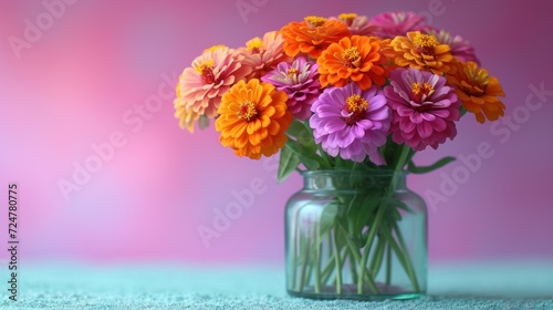  a glass vase filled with colorful flowers on top of a blue carpeted floor with a pink wall in the backround behind the vase is a pink background.