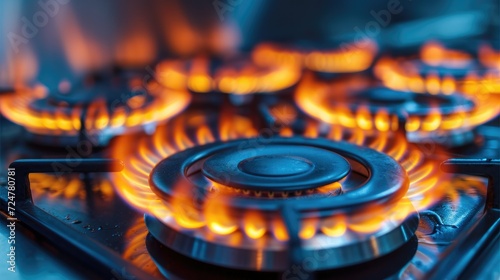 Burning gas stove, Close-up of gas burners, Fire, Gas price increase, Economy. Generative AI.