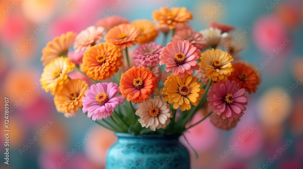  a blue vase filled with colorful flowers on top of a pink and blue tableclothed wall behind a blue vase filled with orange, pink, yellow, pink, and orange, and white flowers.