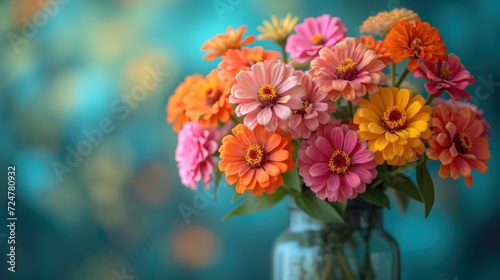  a vase filled with lots of colorful flowers on top of a blue and green tableclothed tablecloth with a blurry background behind the vase is filled with orange and pink and yellow flowers.